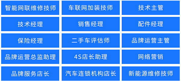 智能网联维修技师 | 车联网加装技师 | 技术主管 | 技术经理 | 销售经理 | 配件经理 | 保险经理 | 二手车评估师 | 品牌运营主管 | 品牌运营总监助理 | 4S店长助理 | 网络营销 | 品牌服务店长 | 汽车连锁机构店长 | 新能源维修技师